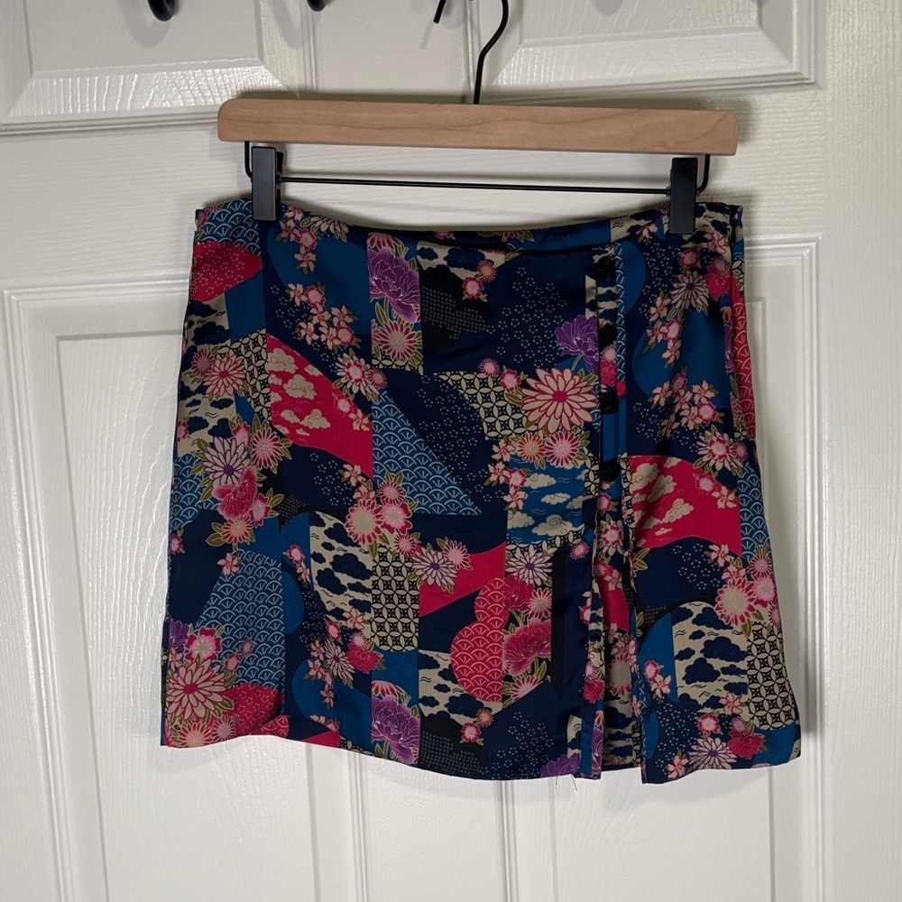 Zara Floral Mini Skirt Blue Pink Patchwork Print Size L Spring Festival